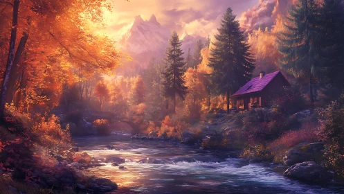 Autumnal river valley and cabin rendered in luminous digital realism