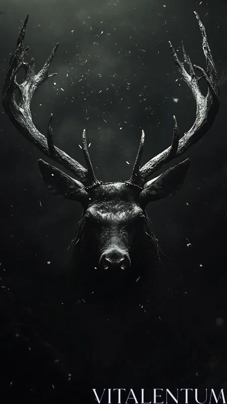 Stag head with antlers in dark monochrome environment.