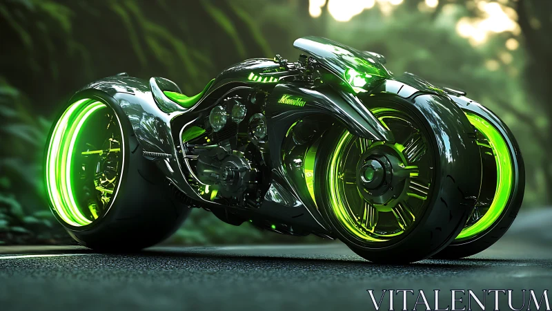 Neon-green cyber bike with dual wheels in forest light.
