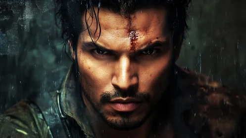 Storm-scarred warrior glaring through the rain-soaked chaos.
