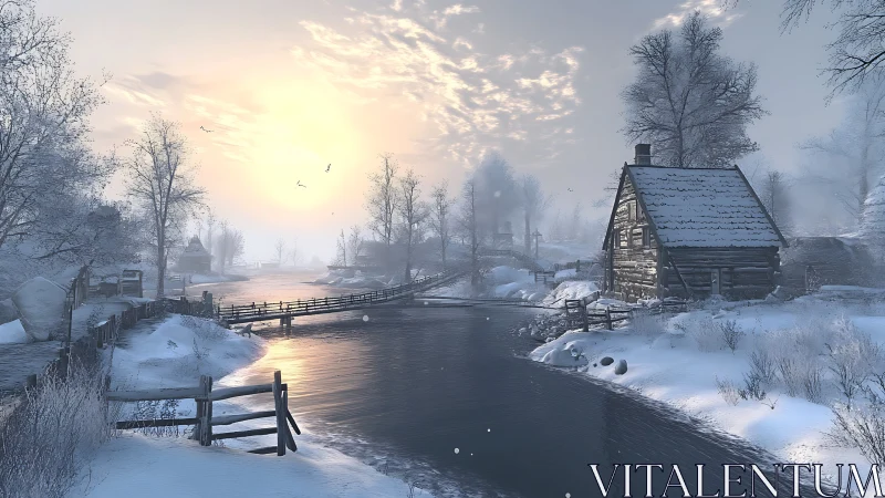 Snowbound riverside village rendered with soft volumetric dawn light