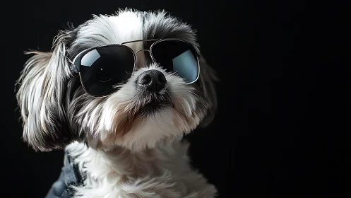 Studio portrait of small dog in aviator sunglasses on black background.