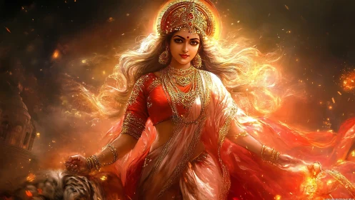 Radiant goddess in flowing firelit robes and gold jewelry.