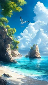 Seabirds soar above turquoise shores between towering rock sentinels.