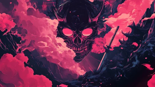 Fiery demon skull rising over neon clouds and samurai blade.
