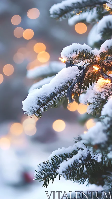 Snow-covered fir branches glow with soft golden lights.