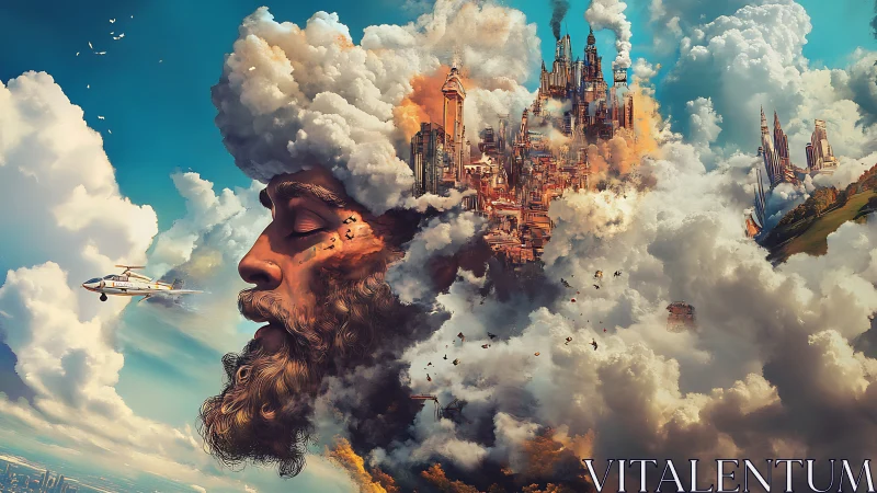 Surreal cloudbound city emerging from a dreaming bearded head.