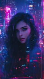 Cyberpunk portrait with neon glitch architecture composition.