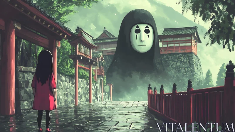 Mist-veiled spirit encounter along crimson shrine path.