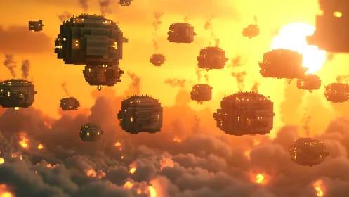 Sunlit sky convoy of floating blocky airships at dusk.