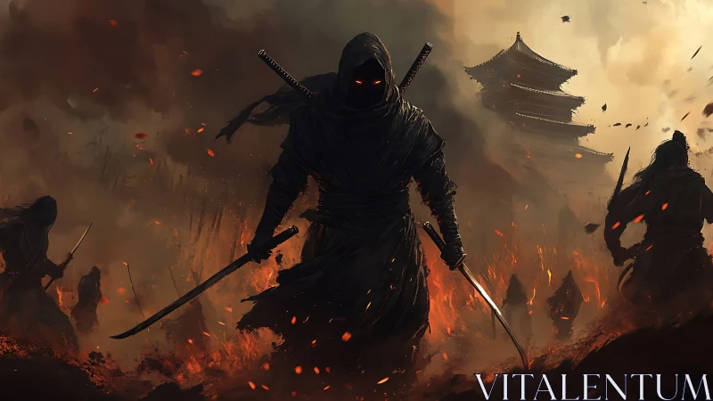 Hooded ninja strides through burning temple ruins in chiaroscuro
