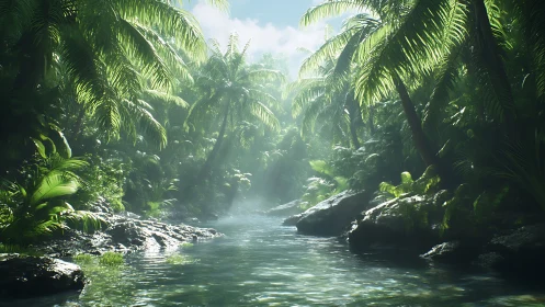 Tropical River Canyon Through Palm Forest Canopy.