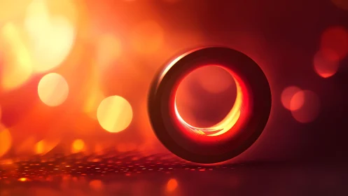 Close-up of camera lens with glowing bokeh, warm abstract style.