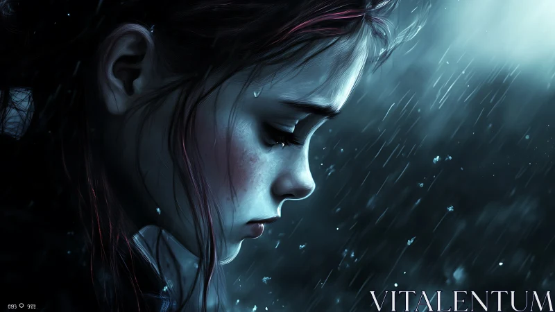 Melancholic girl profile under cold cinematic rainfall