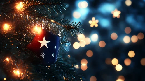 Christmas tree ornament with glowing festive lights at night.