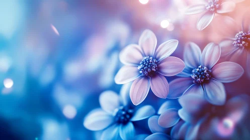 Soft-Focus Daisy Blooms Against Gradient Blue-to-Pink Backdrop.