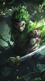 Green-haired demon swordsman charges forward gripping katana