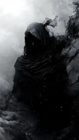 Hooded shadow figure emerging from swirling black mist.