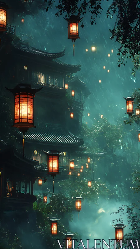 Rain-soaked cliffside pagodas with volumetric lantern illumination.