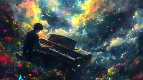 Dreamlit pianist amid cosmic clouds and vivid blossoms.