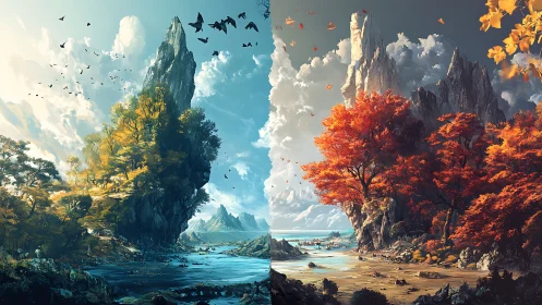 Fantasy cliffs divide lush autumn and summer valley.