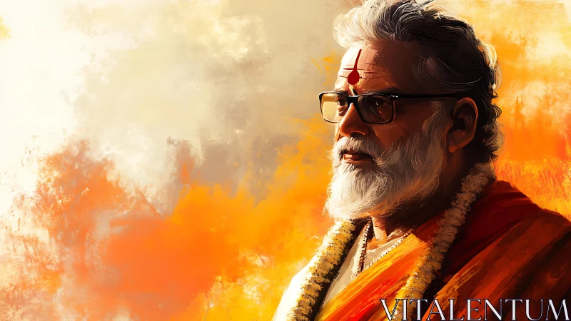 Elderly Hindu priest portrait rendered in warm digital paint