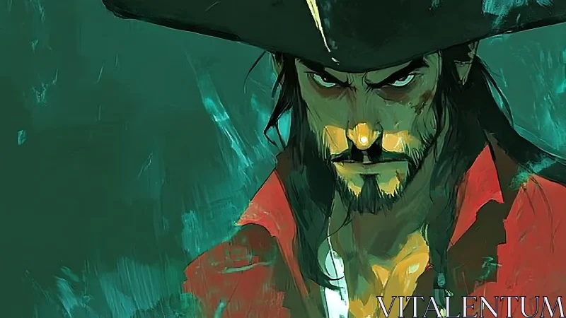 Brooding pirate captain in red coat on teal background.