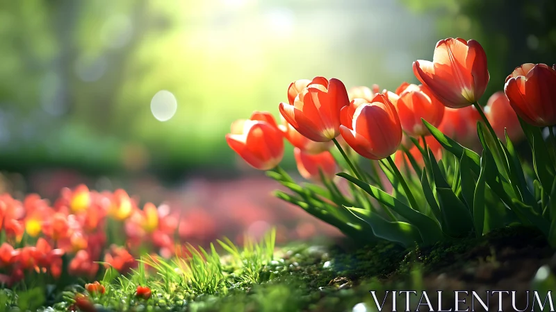 Red Tulips Backlit by Golden Spring Sunlight