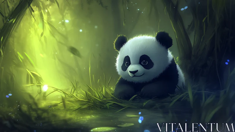 Baby panda rests in glowing bamboo forest of gentle magic