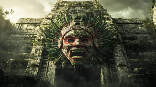 Ancient jungle temple reveals a colossal feathered mask guardian