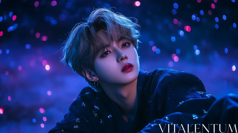 Dreamy night portrait glows in neon blue and magenta light