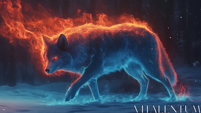 Bioluminescent fire wolf strides through icy twilight forest.