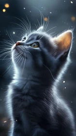Luminescent Cat Gazes Upward in Ethereal Light.