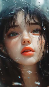 Close frontal portrait of wet-haired girl under water film.