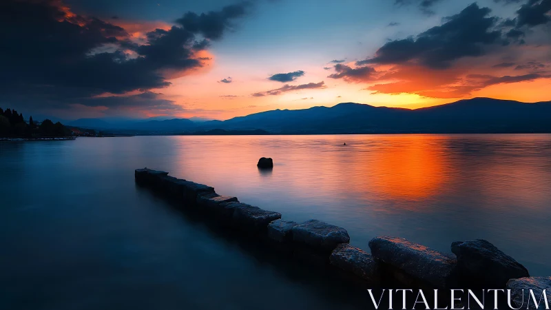 Rock jetty on calm lake under deep orange sunset sky.