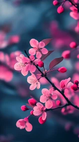 Pink cherry blossoms in soft blue light