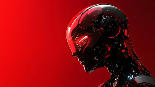 Sleek red android gazes ahead with calm mechanical focus