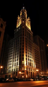 Illuminated high-rise office tower stands against night sky