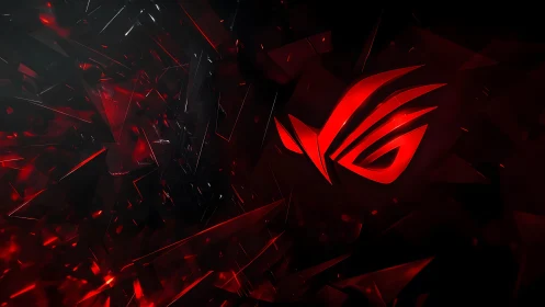 Futuristic ROG Logo with Red Shattered Glass Digital Art Background.