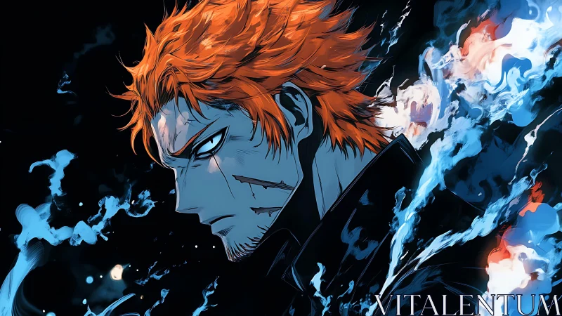 Fiery haired warrior stands amid swirling blue spirit flames