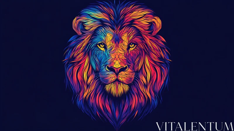 Neon chromatic lion portrait in symmetric vector composition.