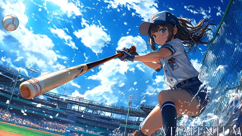 Dynamic anime batter executing high-velocity stadium swing.