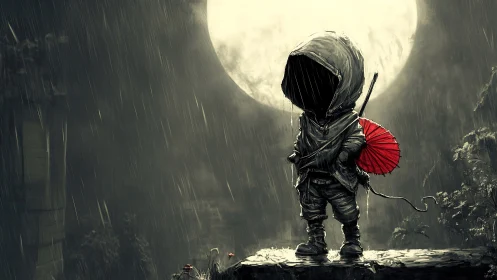 Moonlit hooded wanderer with a quiet crimson umbrella.