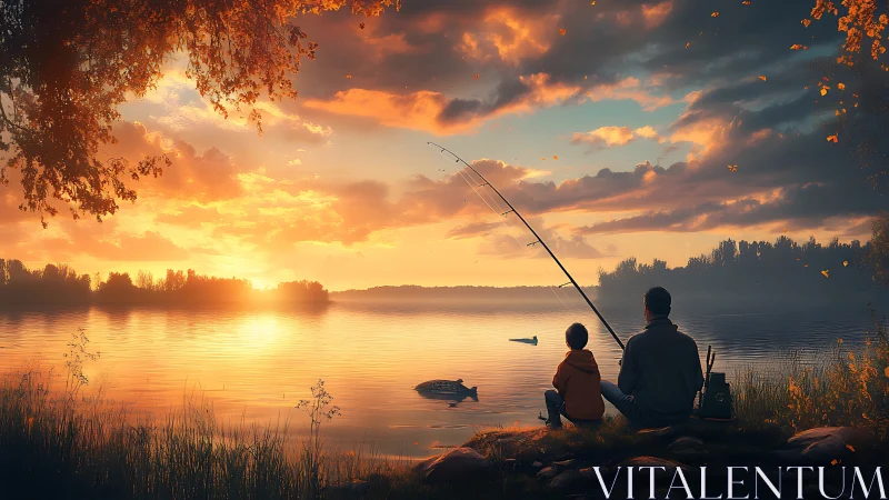 Father and child fishing by a calm lake at sunset