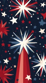 Radiant red and blue starbursts explode across a festive night