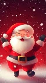 Cartoon Santa Claus character smiling in falling snow