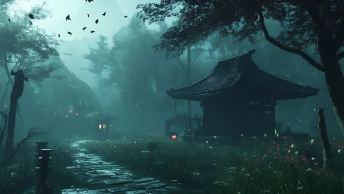 Rain-soaked Japanese forest shrine with moody mist and lanterns