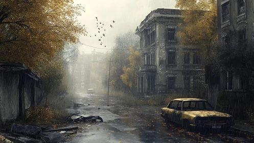Rain-soaked abandoned street with decayed buildings and car.