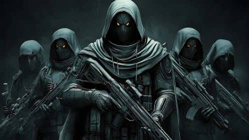 Shrouded gunmetal phantoms converge in a silent firing line