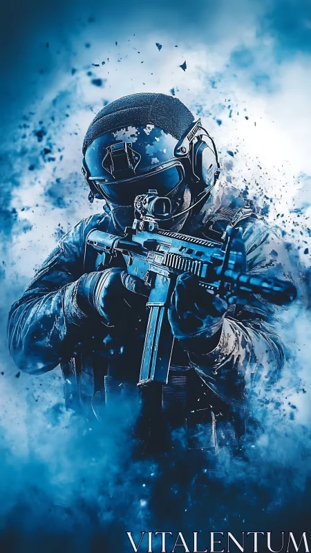 Armored tactical operator aims rifle amid blue particle cloud